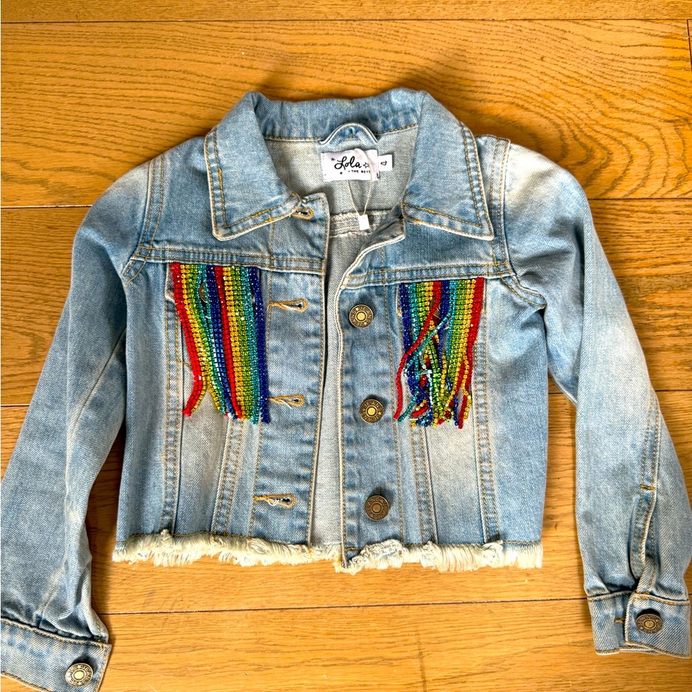 Lola & The Boys girls Light Blue Denim Jacket with Rainbow Jeweled Fringe